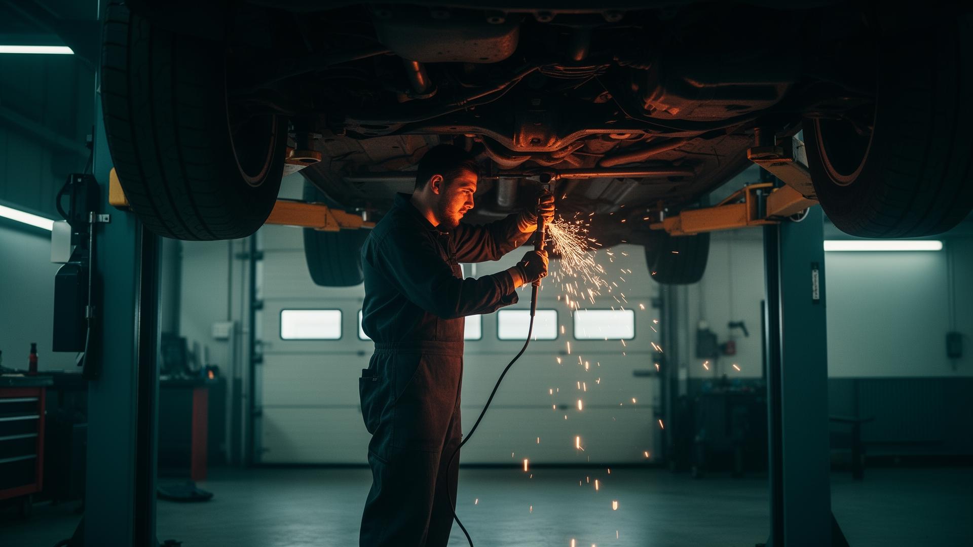 Mechanic working under a vehicle on a lift at Universal Auto Tech in Detroit